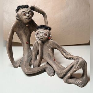 Mcm vintage Pair Modernist Nesting Monkey Figurines with fluffy black faux hair.